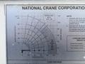 A metallic label displaying load ratings and boom radius measurements for a National Crane Corporation series 685D crane with a 25-foot jib