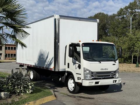 A white 2019 Isuzu NQR box truck with a large cargo area and a clean, modern design parked at an angle