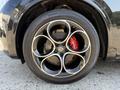 A close-up of a black alloy wheel from a 2020 Alfa Romeo Stelvio featuring a multi-spoke design and a red brake caliper
