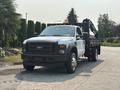 A 2009 Ford F-450 Super Duty truck with a flatbed and crane attachment, featuring a white exterior and orange light on the roof