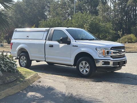 A white 2019 Ford F-150 pickup truck with a cap on the bed parked on a driveway
