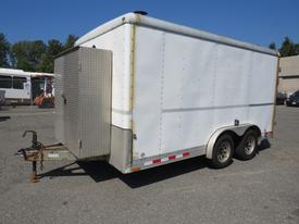 A white 2008 Wells Industries Inc EW1422 trailer with a diamond plate rear door and a hitch at the front