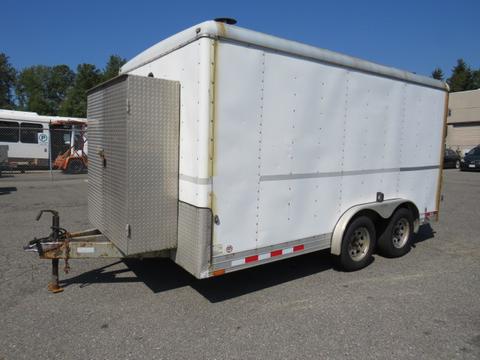 A white 2008 Wells Industries Inc EW1422 trailer with a diamond plate rear door and a hitch at the front