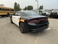 A black and white 2019 Dodge Charger with distinctive markings parked in a lot, showcasing its sleek design and sporty features
