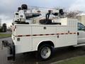 A white 2010 Ford F-550 service truck featuring a mounted crane and tool storage compartments on the side