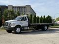 A 2018 Ford F-750 flatbed truck parked with a row of tall green trees on the truck bed