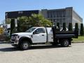 A white 2019 Ford F-550 truck with a flatbed is parked on a paved area showcasing its built-in dump feature and large tires