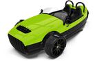 A bright green 2024 Vanderhall Carmel with a sleek design featuring a black grille and large stylish wheels