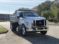 A 2017 Ford F-650 Super Duty truck with a dump bed parked on a road facing forward