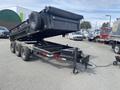 A 2014 PJ 16 Foot Dump Trailer with a raised bed and three axles attached to a hitch