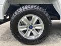 A close-up of a silver alloy wheel with a rugged all-terrain tire showcasing the Ford logo on the hubcap