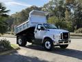 A 2017 Ford F-650 Super Duty truck in white with a metallic dump bed raised at the rear