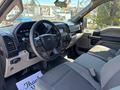 Interior view of a 2019 Ford F-150 showing the dashboard steering wheel and front seats with a gray fabric upholstery