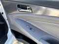 Interior door panel of a 2015 Hyundai Sonata with a metallic handle and controls for windows